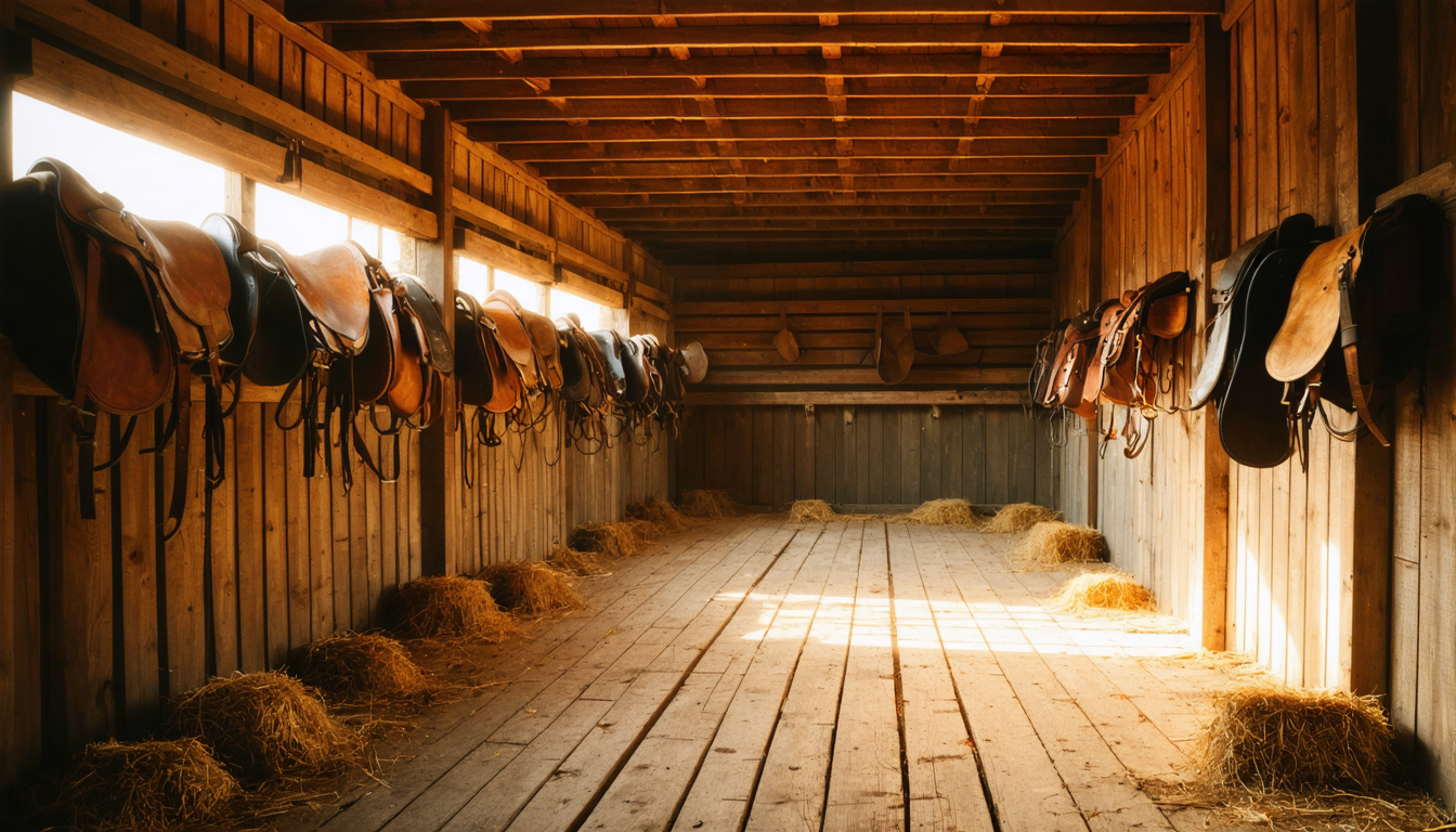 An empty relay station interior with saddles hanging on wooden beams, dusty light filtering through slats, no people present.