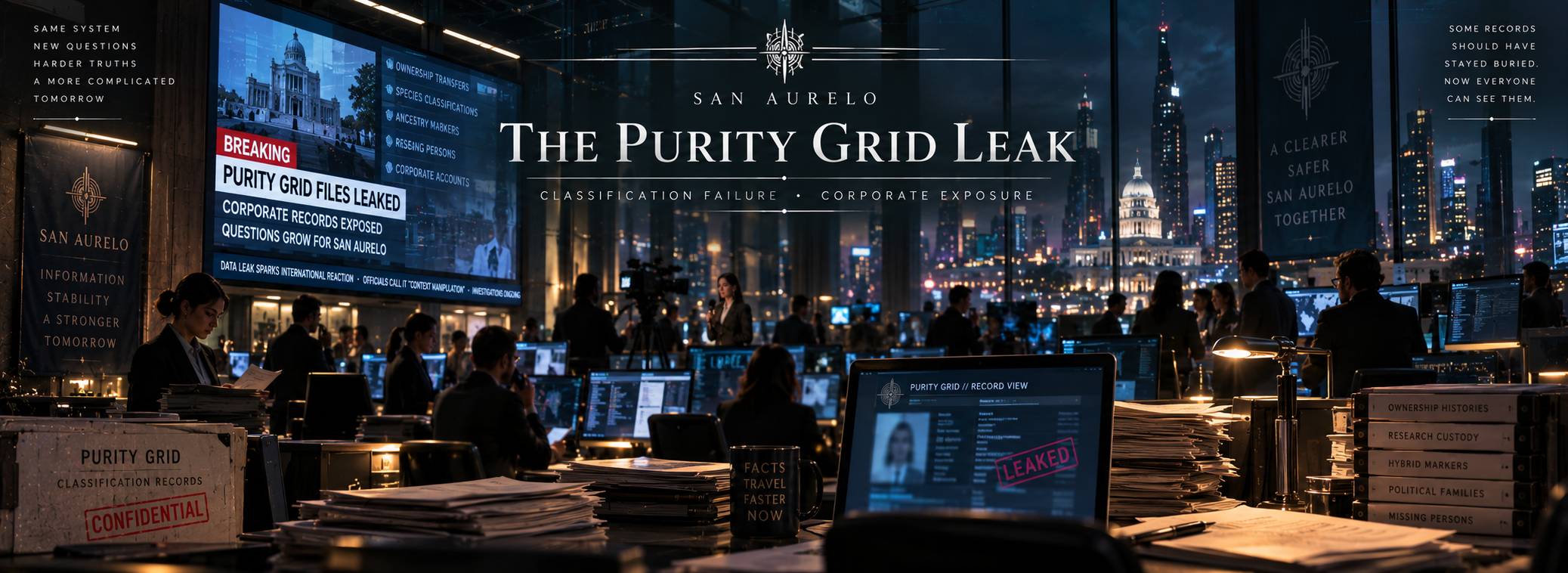 Journalists and investigators reviewing leaked Purity Grid records in Aurelo Prime.