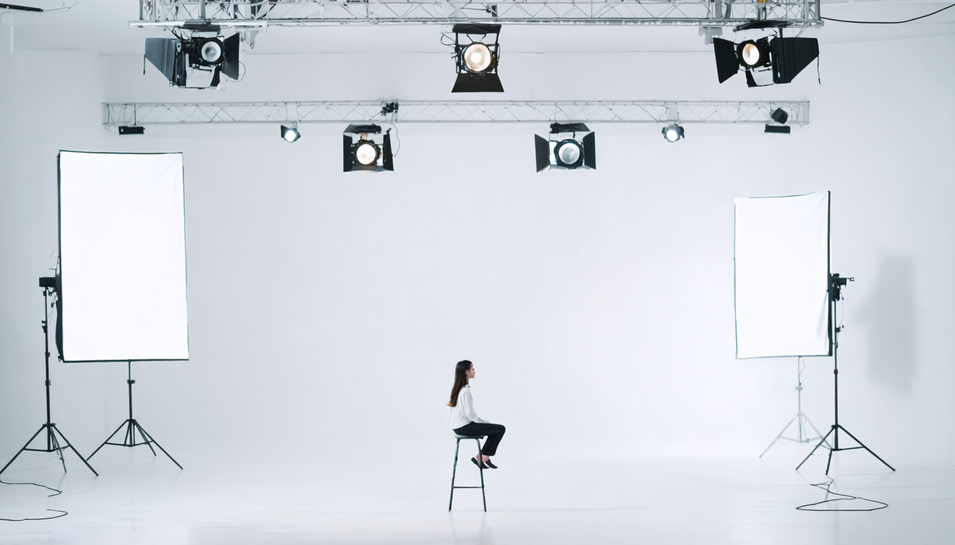 A woman sitting alone on a tall stool in a sparse, brightly-lit studio space with visible production rigging overhead, her posture poised but contained.
