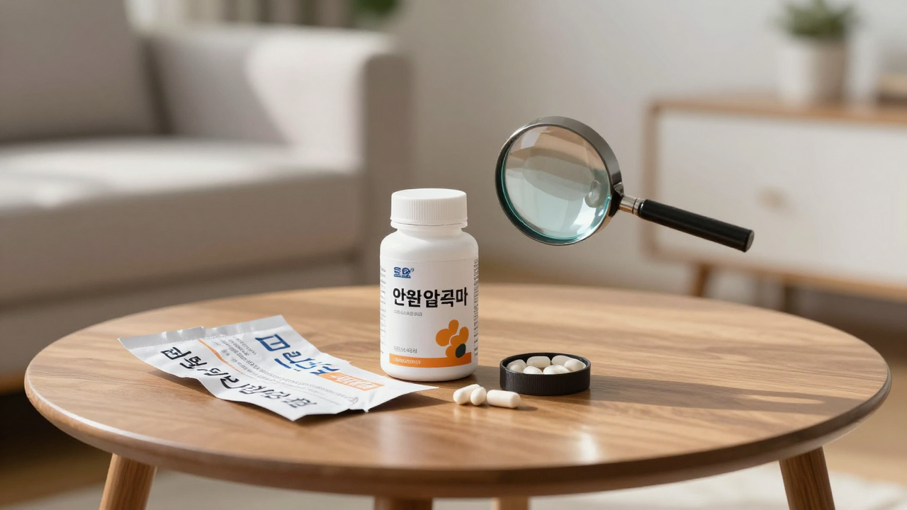 낮은 나무 탁자 위에 관절 영양제 병과 구겨진 광고지, 그 위로 돋보기가 떠 있고 부드러운 오후 햇살이 그림자를 드리운다.