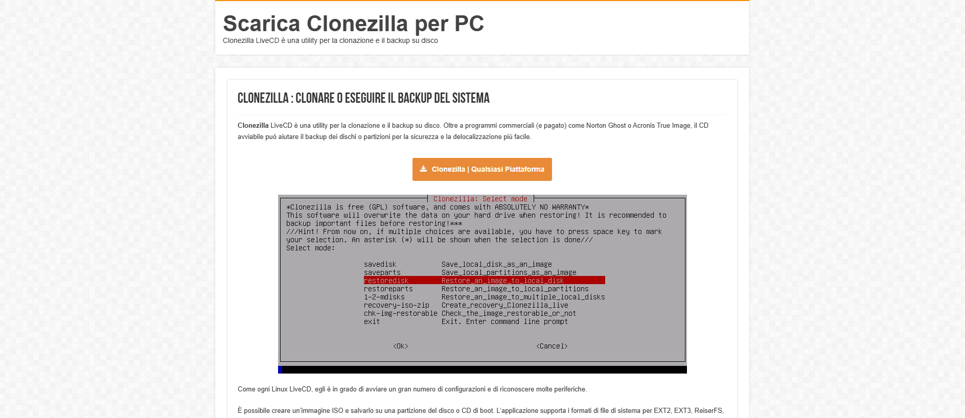Forensic screenshot of clonezilla.it showing the phishing page layout