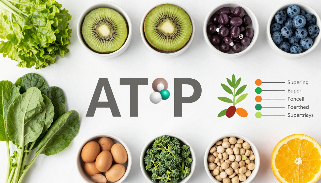 신선한 슈퍼푸드와 ATP 분자 모델, 미세 영양소 차트가 배치된 미토콘드리아 건강 영양소 섭취 가이드 이미지.