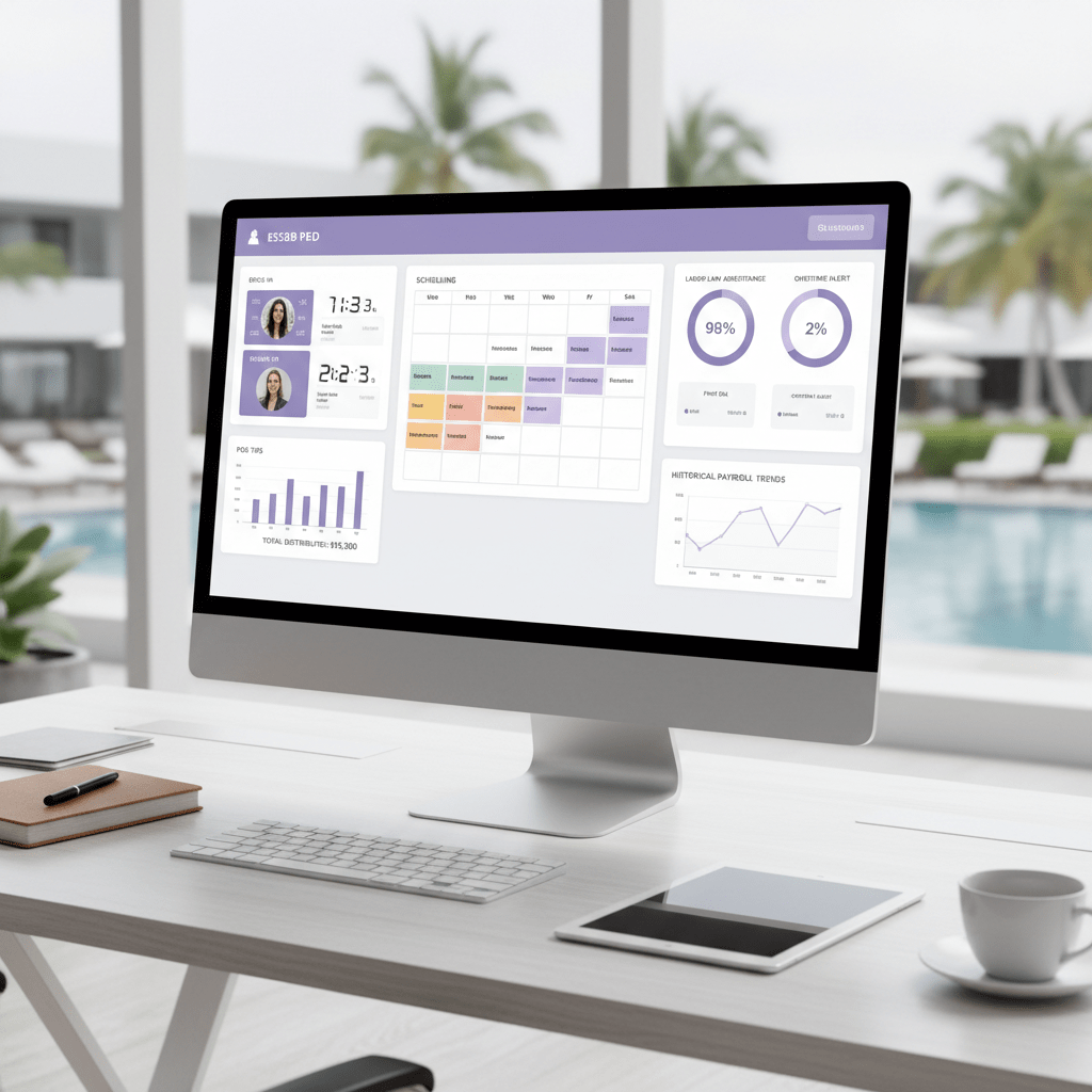 Resort payroll dashboard with time clocks, POS tip data, and compliance charts