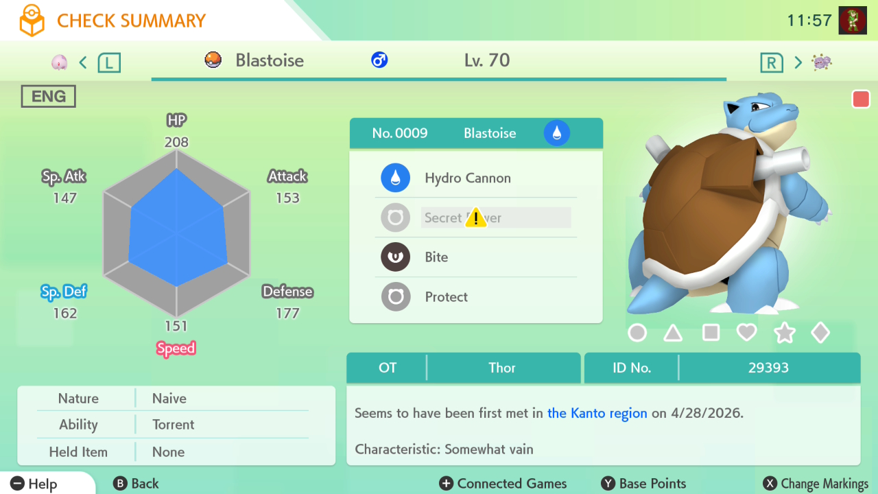 Thor's Blastoise, originally from FireRed, able to be transferred or traded from Pokemon Home