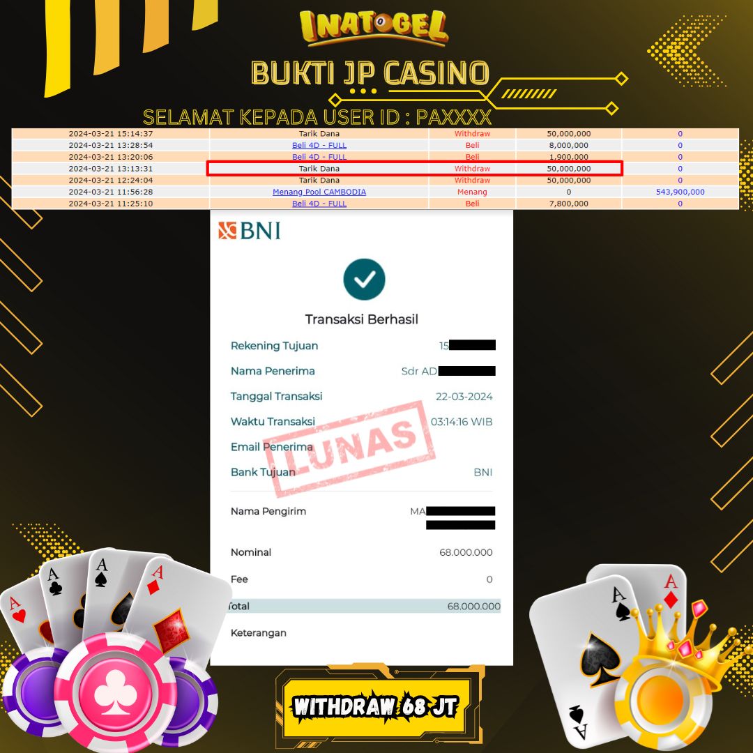 BUKTI PEMBAYARAN JP LIVE GAMES ROULETTE Rp68,000,000,- LUNAS