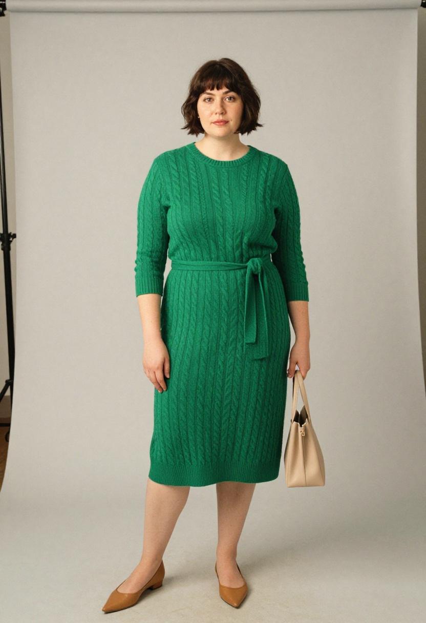 Emerald green cable-knit wrap dress with cinched waist and pointed flats for plus-size workwear