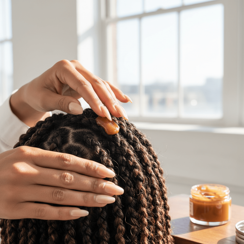 Hands applying beeswax pomade to twists and edges