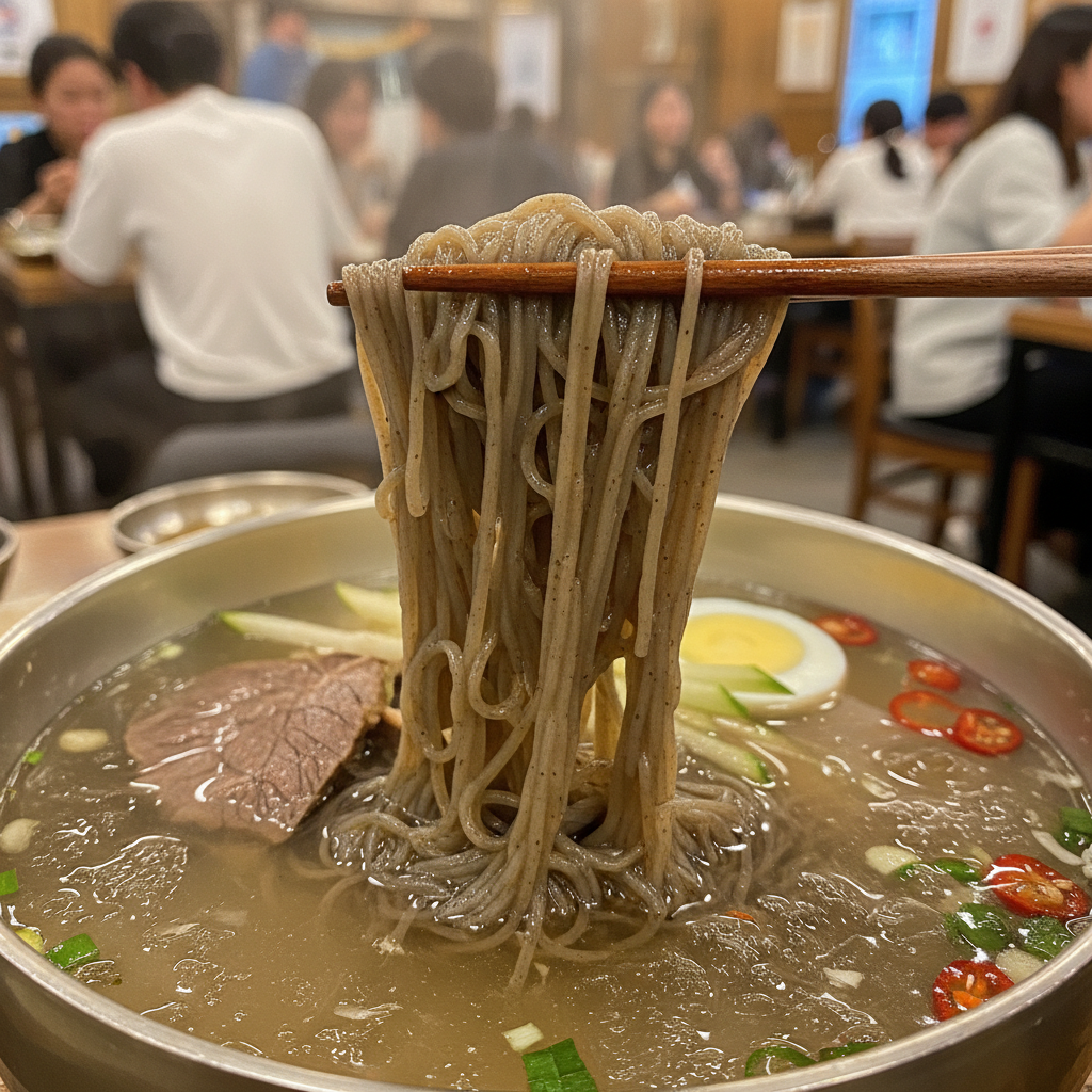 평양냉면을 젓가락으로 들어 올리는 모습, 메밀 면발의 질감이 잘 드러남