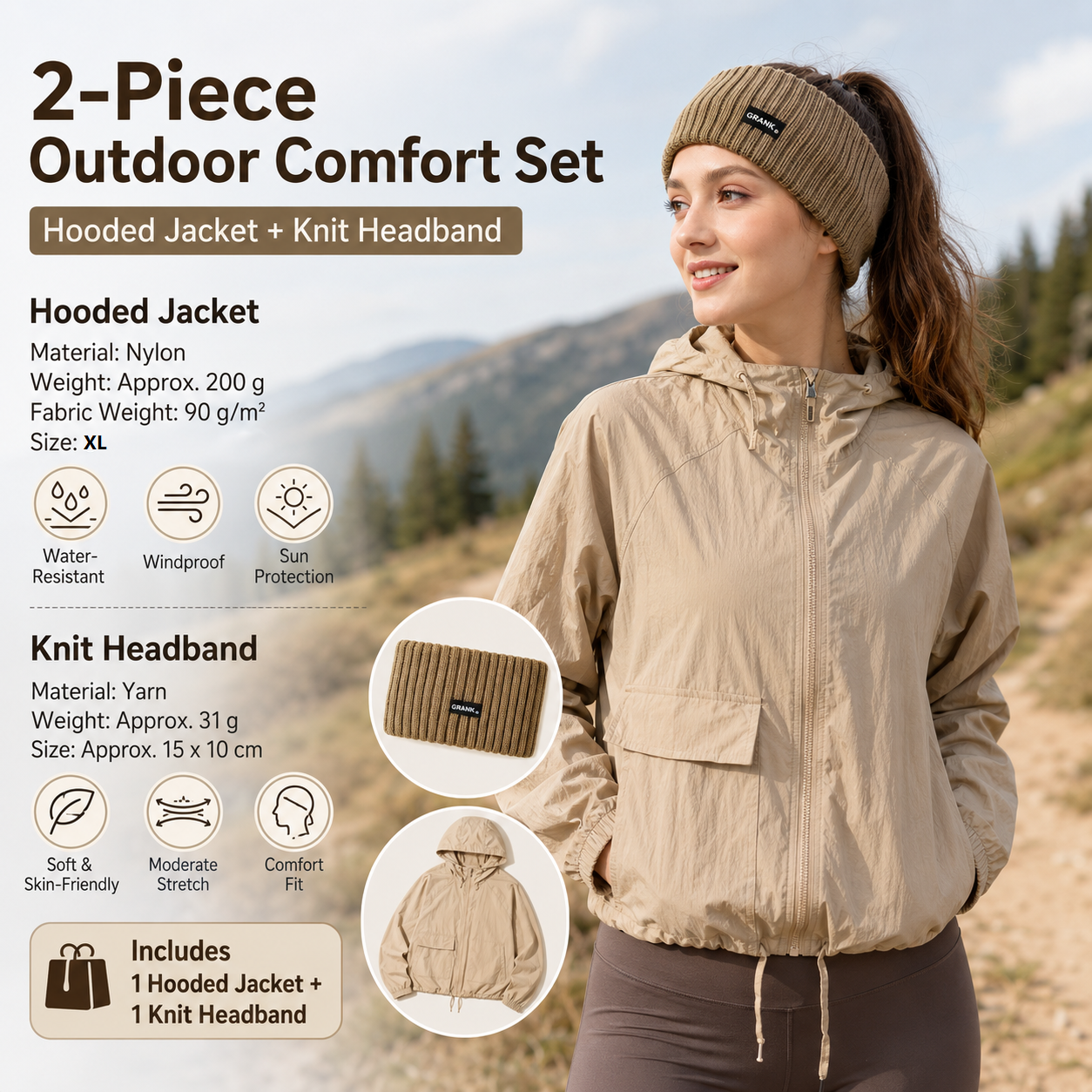 Women's Lightweight Outdoor Windproof and warm set - Khaki XL Size Waterproof Windproof Sun Protection Hooded Raincoat and Khaki Knitted Warm Headband Set for Hiking Travel Daily Wear