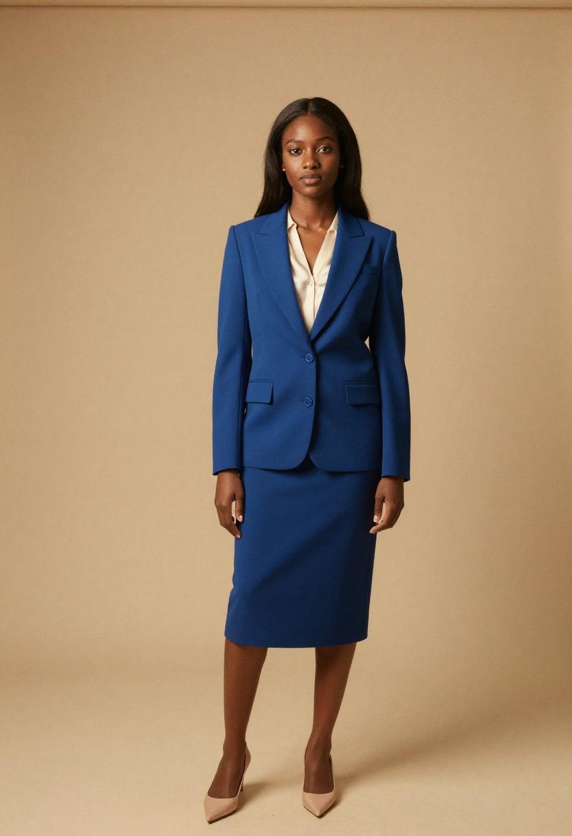 Electric blue structured skirt suit with cream blouse warm studio portrait