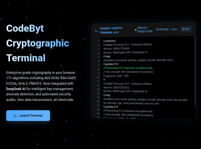 CodeByt Terminal displaying algorithm selection and key generation features with status indicators