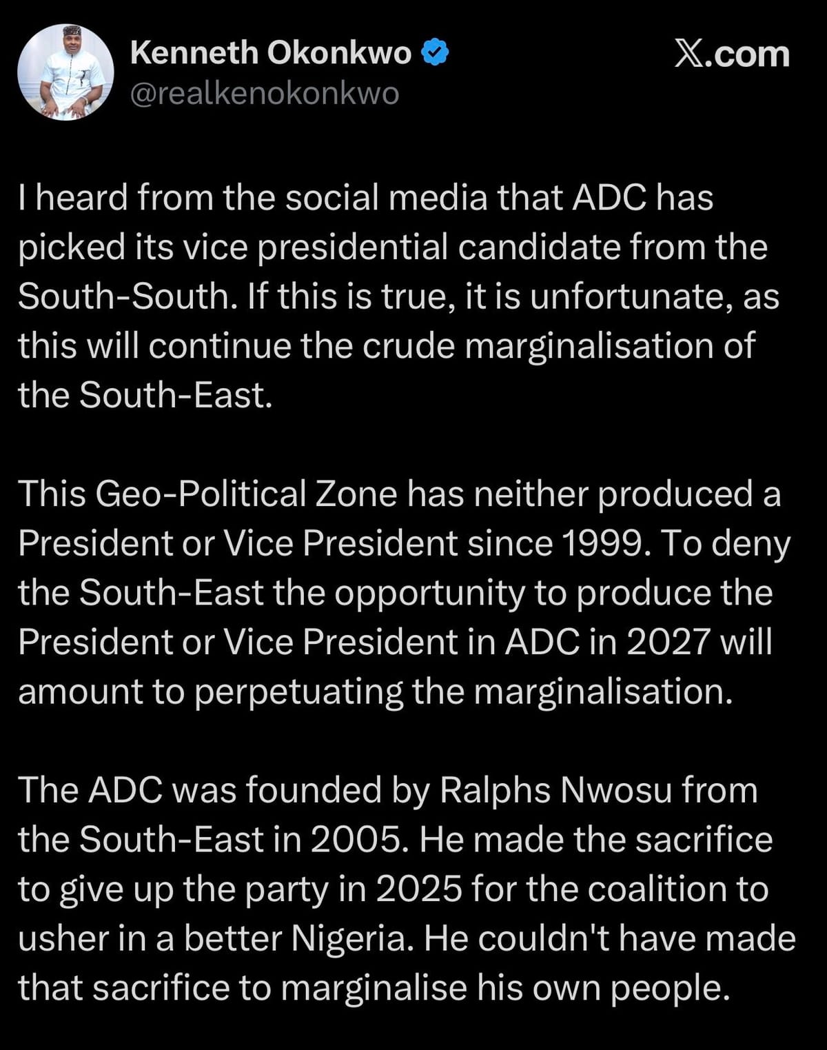 Okonkwo's statement on social media