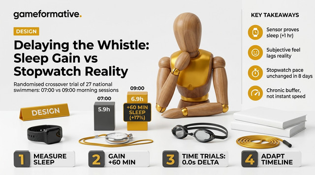 Infographic: Delaying the Whistle, Sleep Gain vs Stopwatch Reality Infographic: Delaying the Whistle: Sleep Gain vs Stopwatch Reality, 3D studio diorama showing actigraphy sleep duration (+60 min, +17%) vs 100m/800m stopwatch performance (0.0s delta)