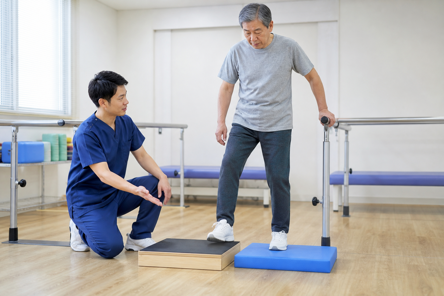 専門職が安定した台とバランスパッドを使って運動負荷を段階的に調整する様子
