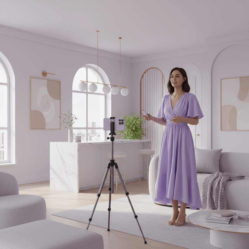 Airbnb creator filming a property walkthrough for social media