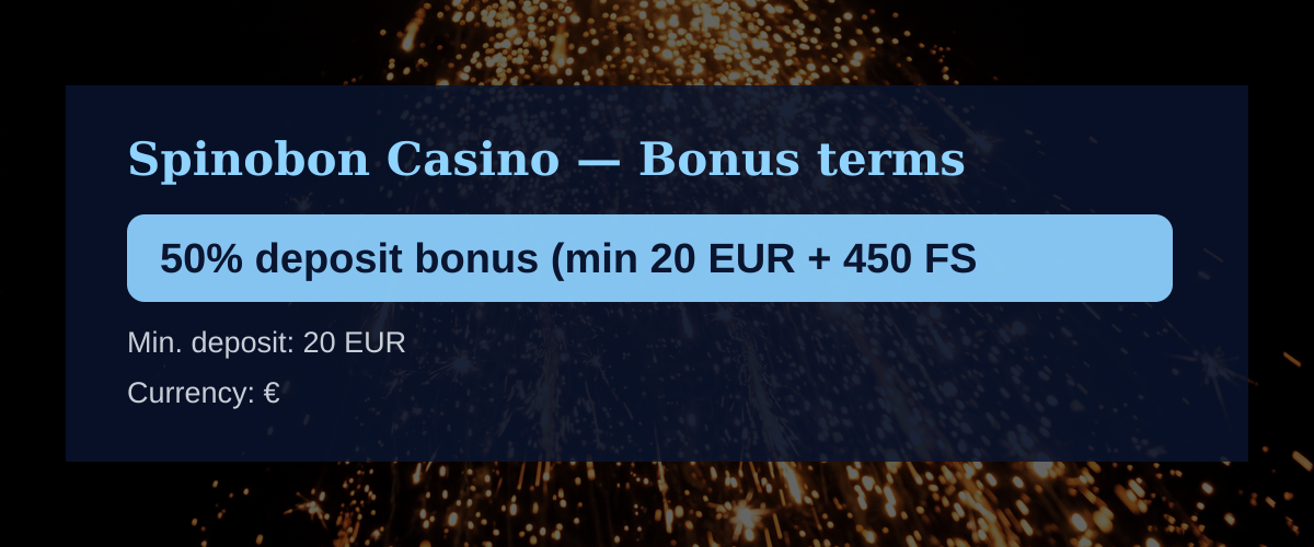 Spinobon Casino — Bonus terms: 50% deposit bonus (min 20 EUR + 450 FS