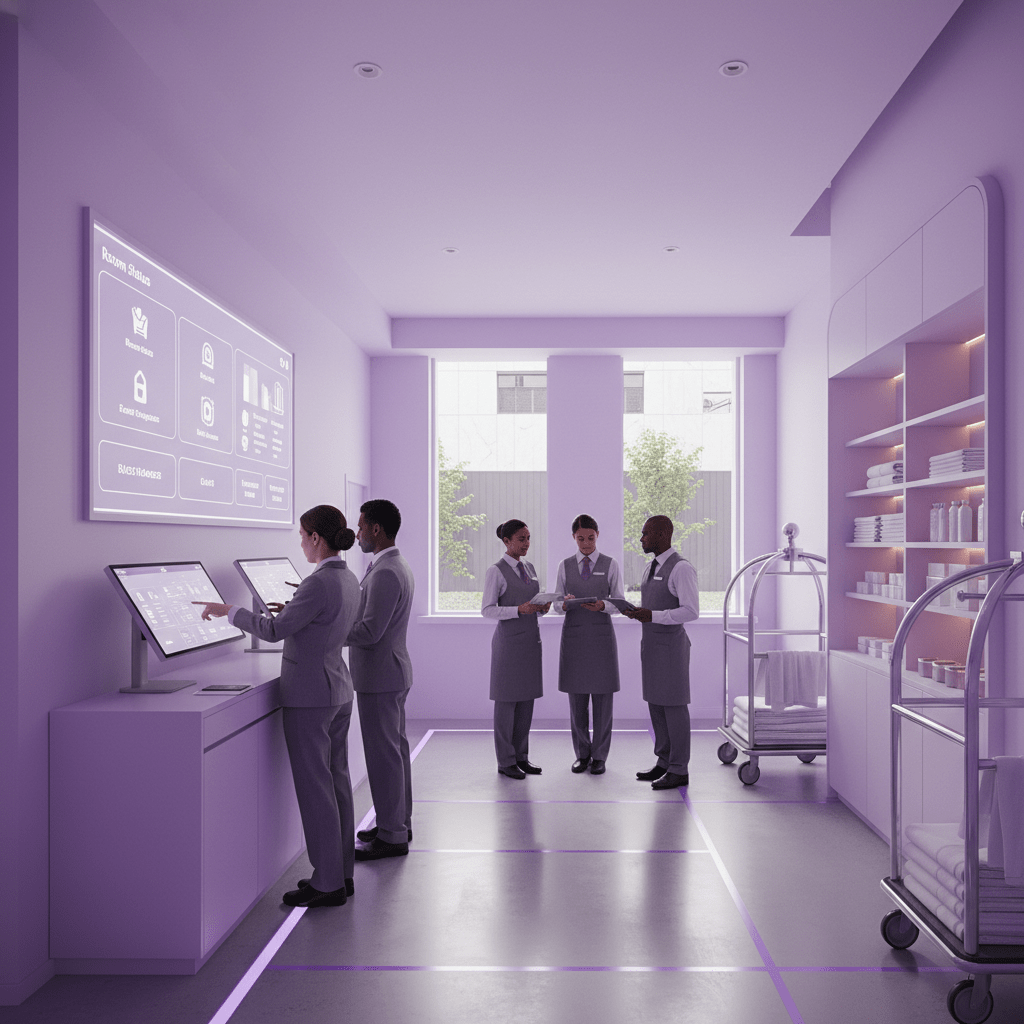 Hotel front desk and housekeeping coordination around a clean dashboard, laundry carts and towels in a modern operations setting