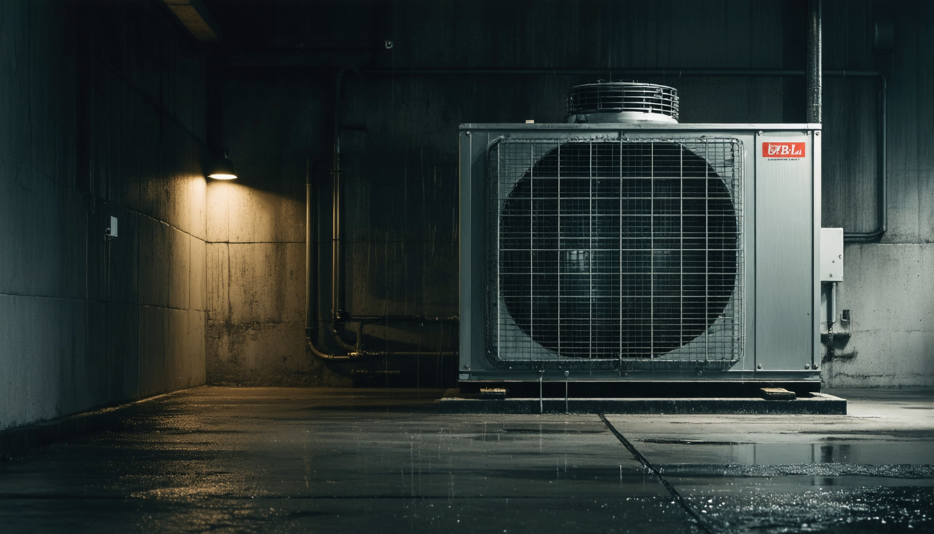 A plain industrial compressor humming alone in a dim service corridor, condensation on its housing, the only proof of a room that never got hot.