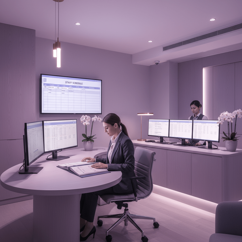 Hotel payroll manager reviewing files beside front desk schedules