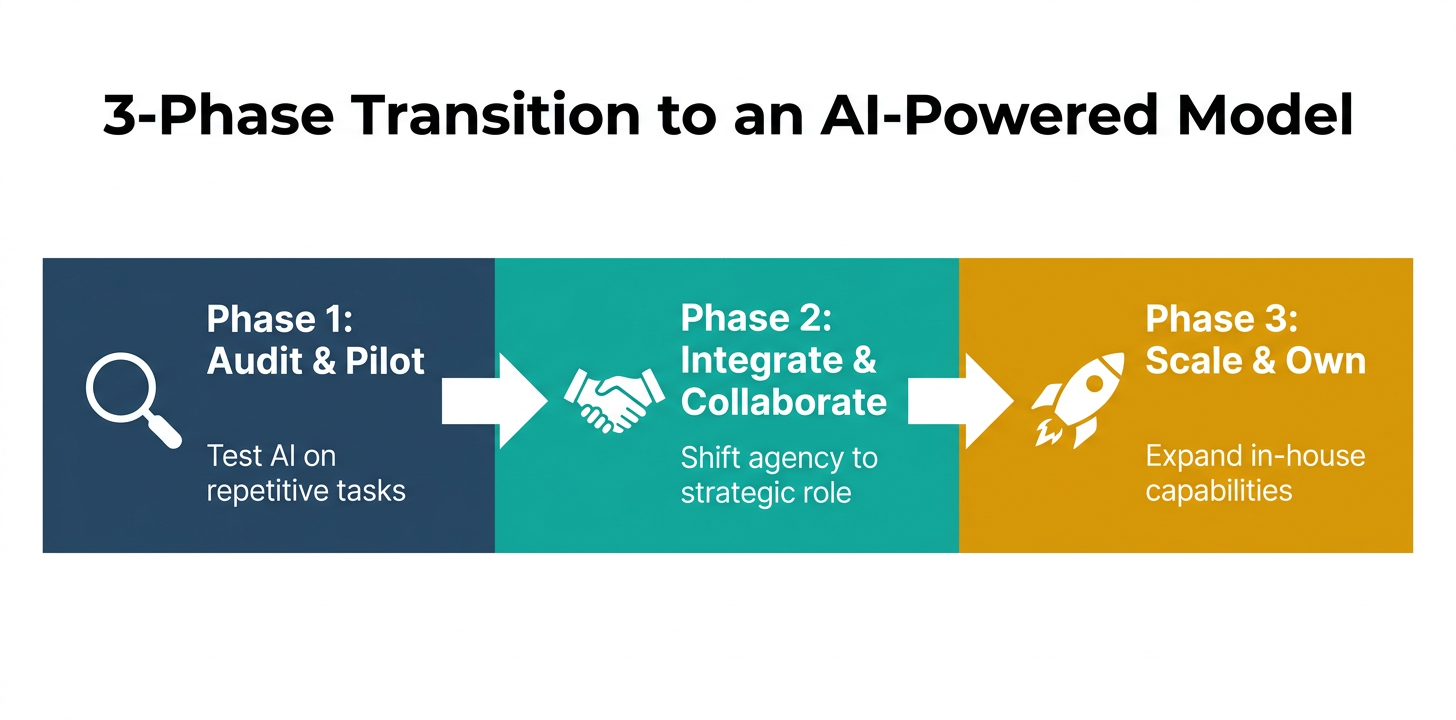 A 3-step flowchart illustrating the transition to an AI-powered marketing model. The phases are 1: Audit & Pilot, 2: Integrate & Collaborate, and 3: Scale & Own.