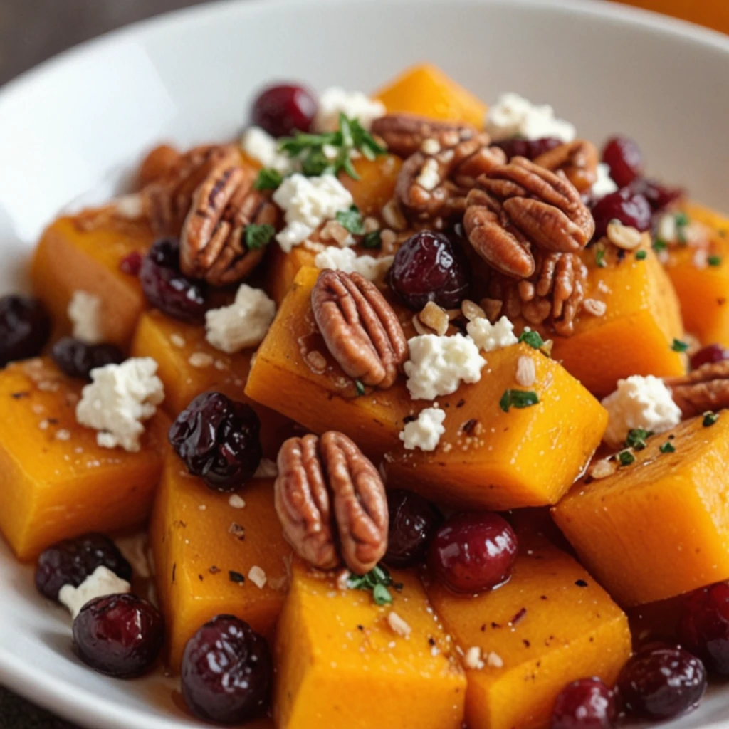 Roasted Butternut Squash with Cranberries, Pecans, and Feta