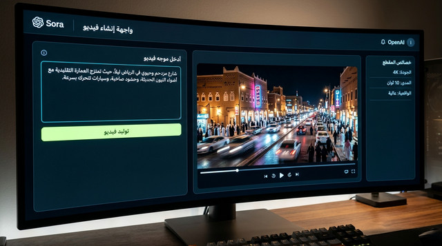واجهة Sora من OpenAI مع Prompt عربي يُولّد مشهداً فيديو احترافياً — أدوات فيديو AI عربي 2026