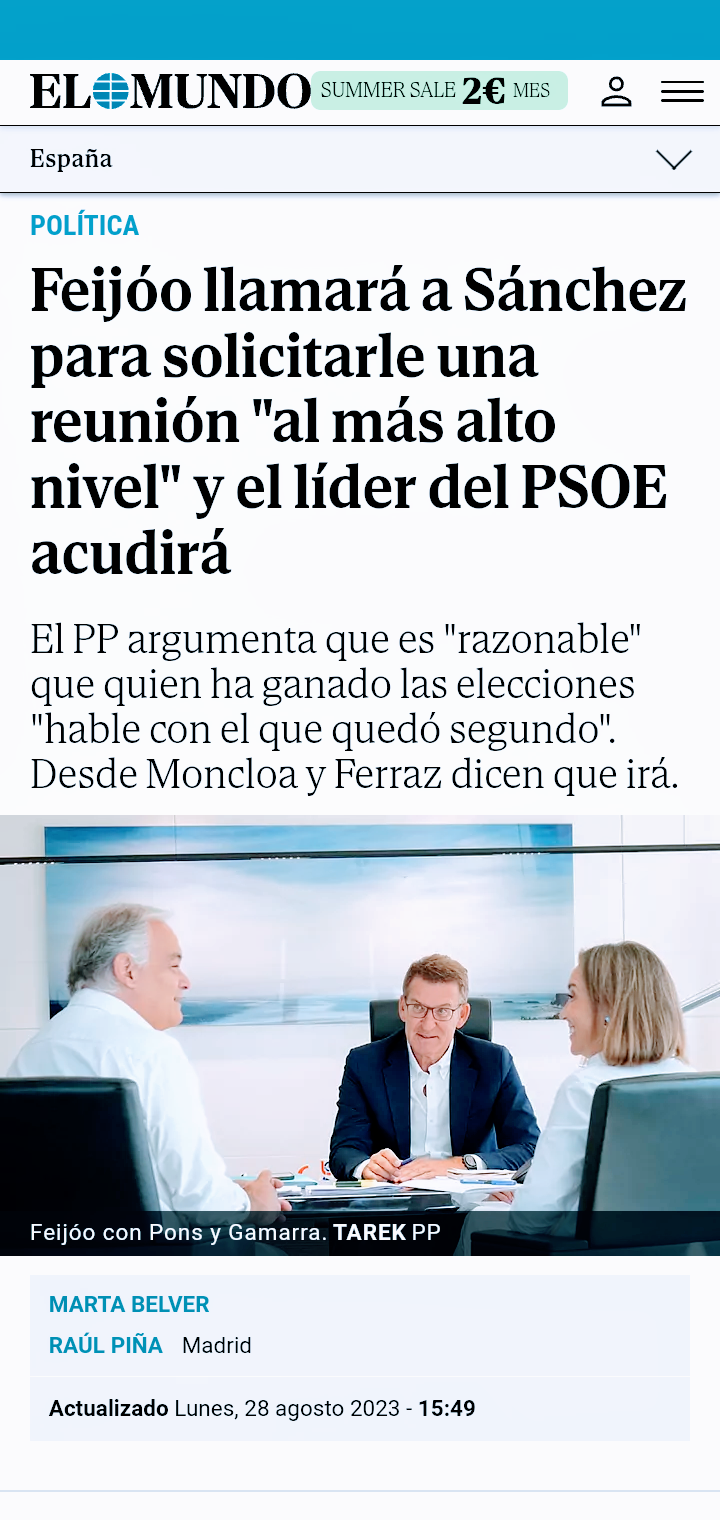 Ilustración editorial de un líder político solo en un balcón de Génova, con la aritmética parlamentaria de la investidura fal