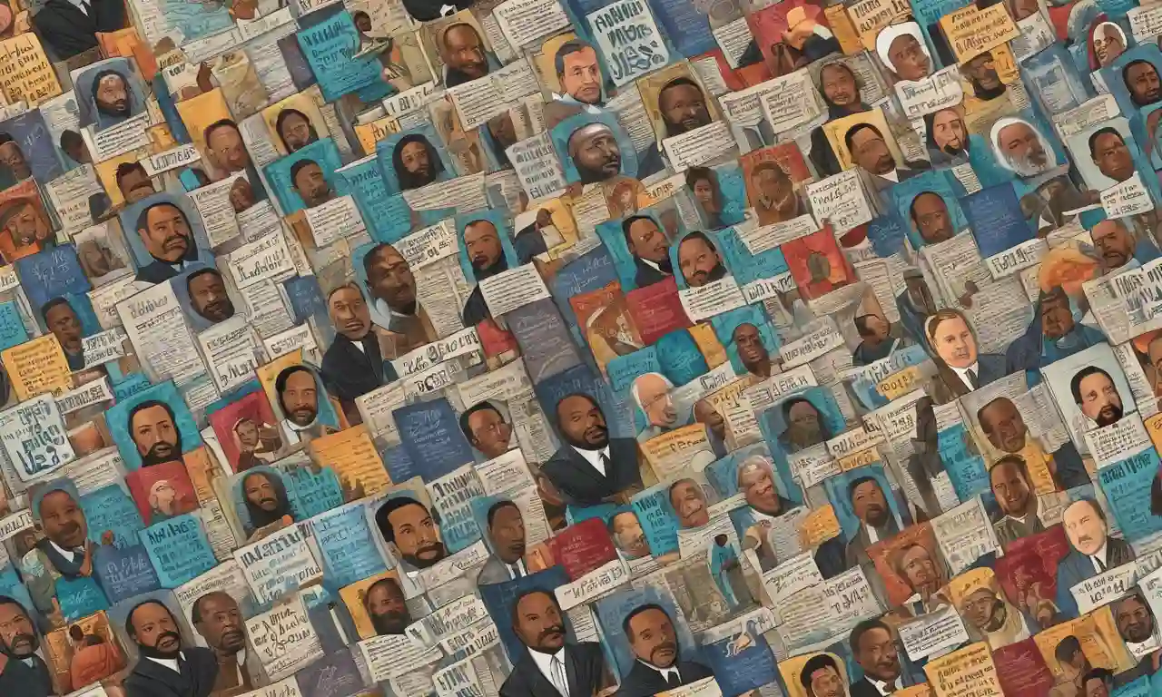 Un collage de famosos líderes históricos y profetas, como Moisés, Jesús, Muhammad y Martin Luther King Jr., con citas inspiradoras en el fondo.