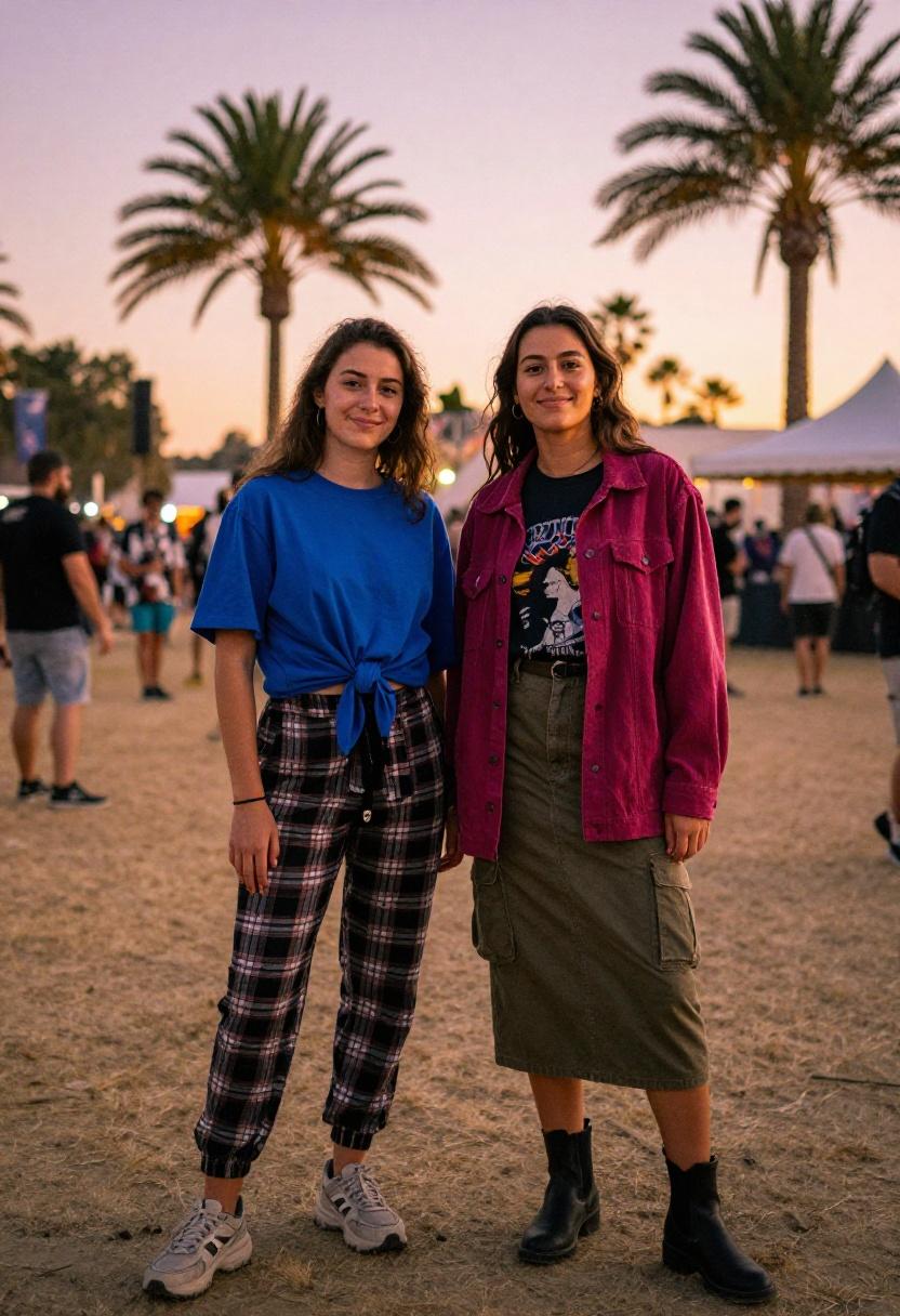 Two friends in electric blue and deep magenta indie festival friend aesthetic at golden hour