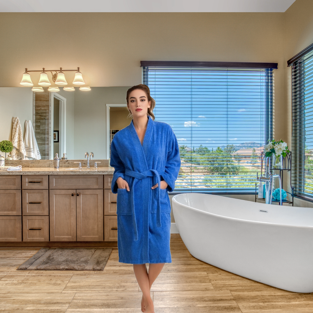 Women's 100% Cotton Terry SPA Bathrobe Royal Blue S/M view 5