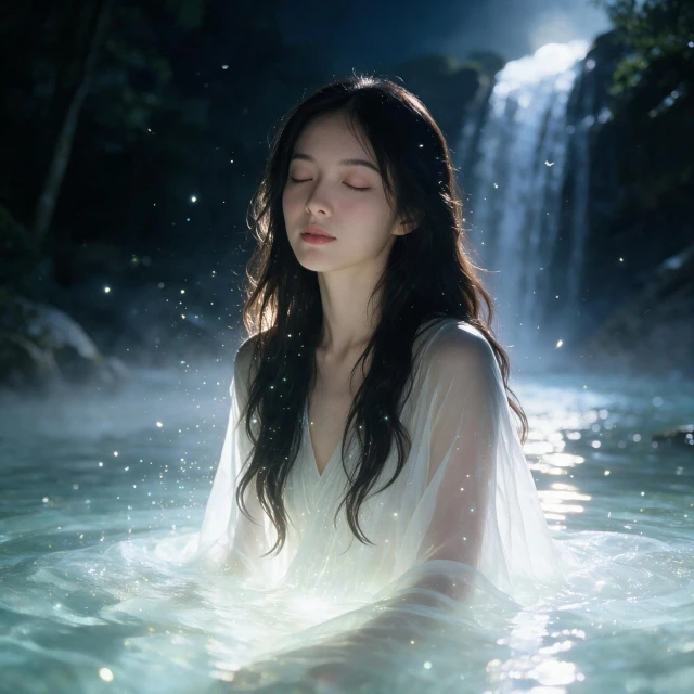 A girl with long flowing hair worn loose and slightly wavy, emerging from glowing water near a waterfall, translucent flowing dress blending into the water, soft magical particles floating around, serene expression with closed eyes, cinematic lighting, moonlit atmosphere, dreamy fantasy realism, ultra-detailed, mystical mood