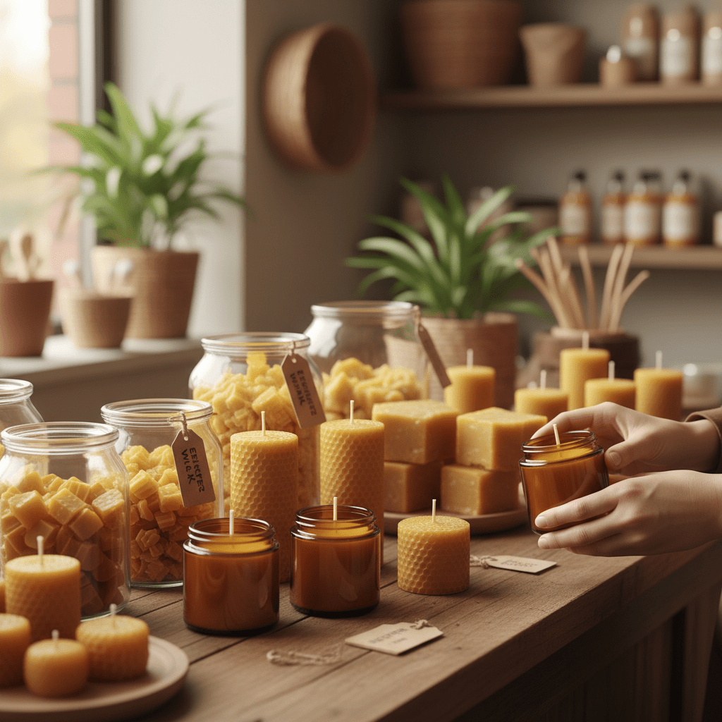 A sustainable candle shopping scene with pure beeswax candle, cotton wick, beekeeper-sourced wax jars