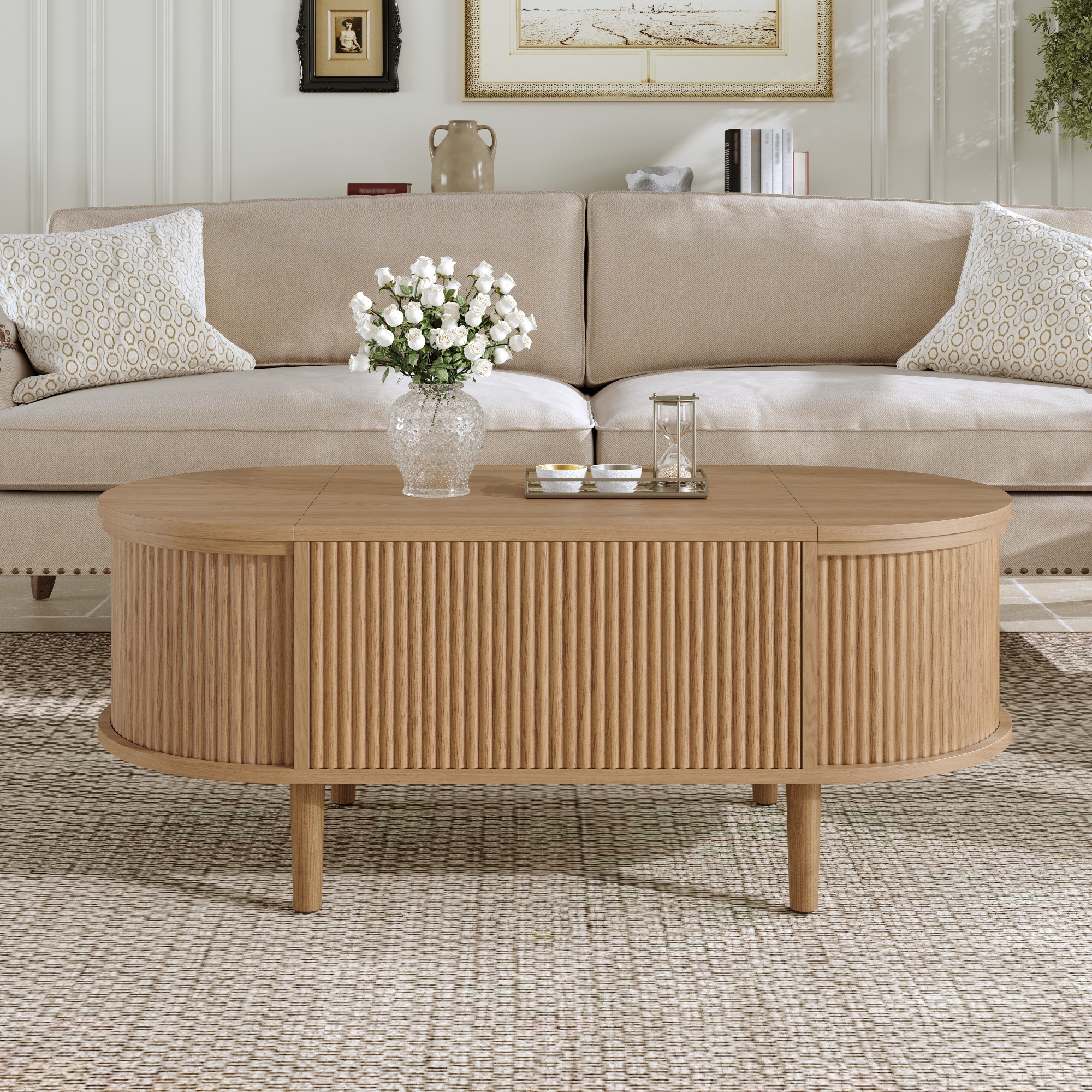 Table Basse Chêne, Rangement, Étagères Réglables, Plan Relevable, Design Moderne, Structure Robuste - Panneau composite de fibres de bois à densité et Bois - 100x48x53.5cm 6