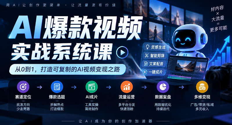 AI爆款视频实战系统课，流量运营+多维变现教学