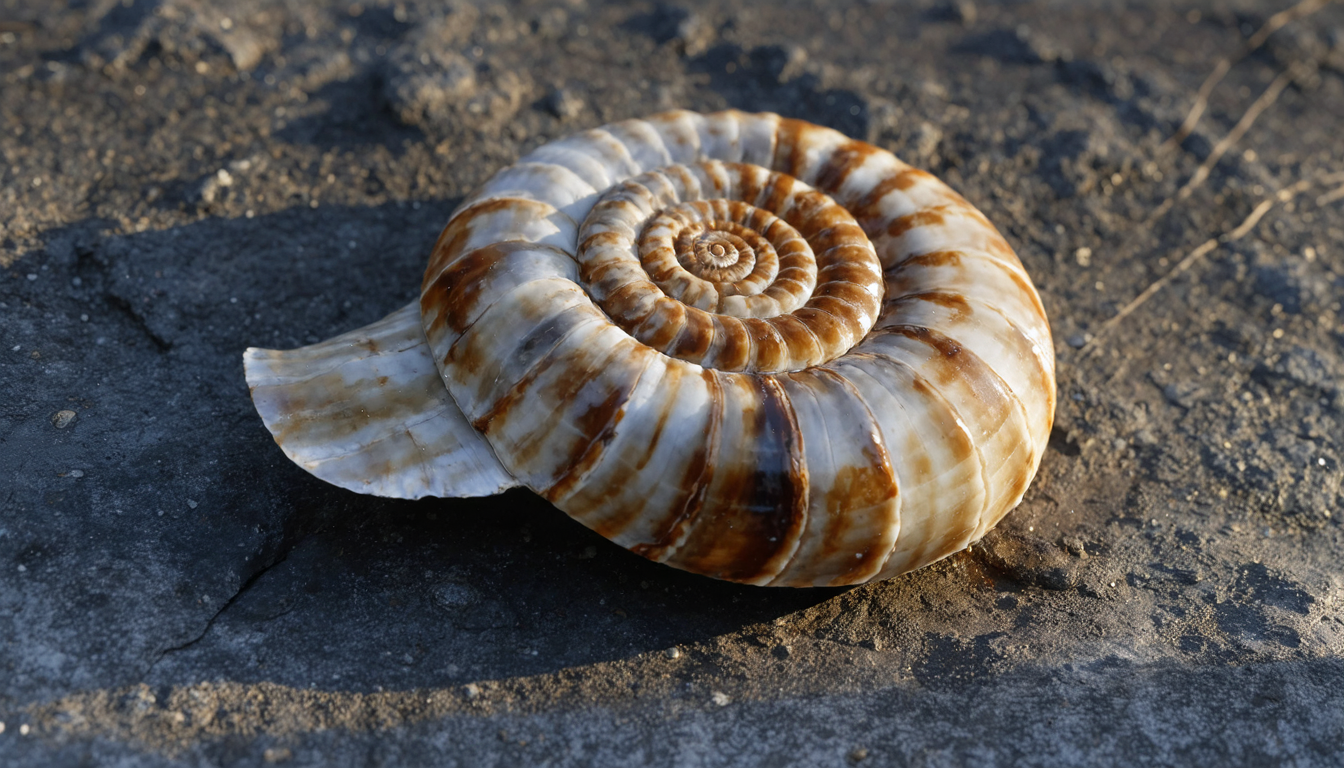 A single fossilized shell resting on dark sedimentary rock, lit by low angled warm light from the left.