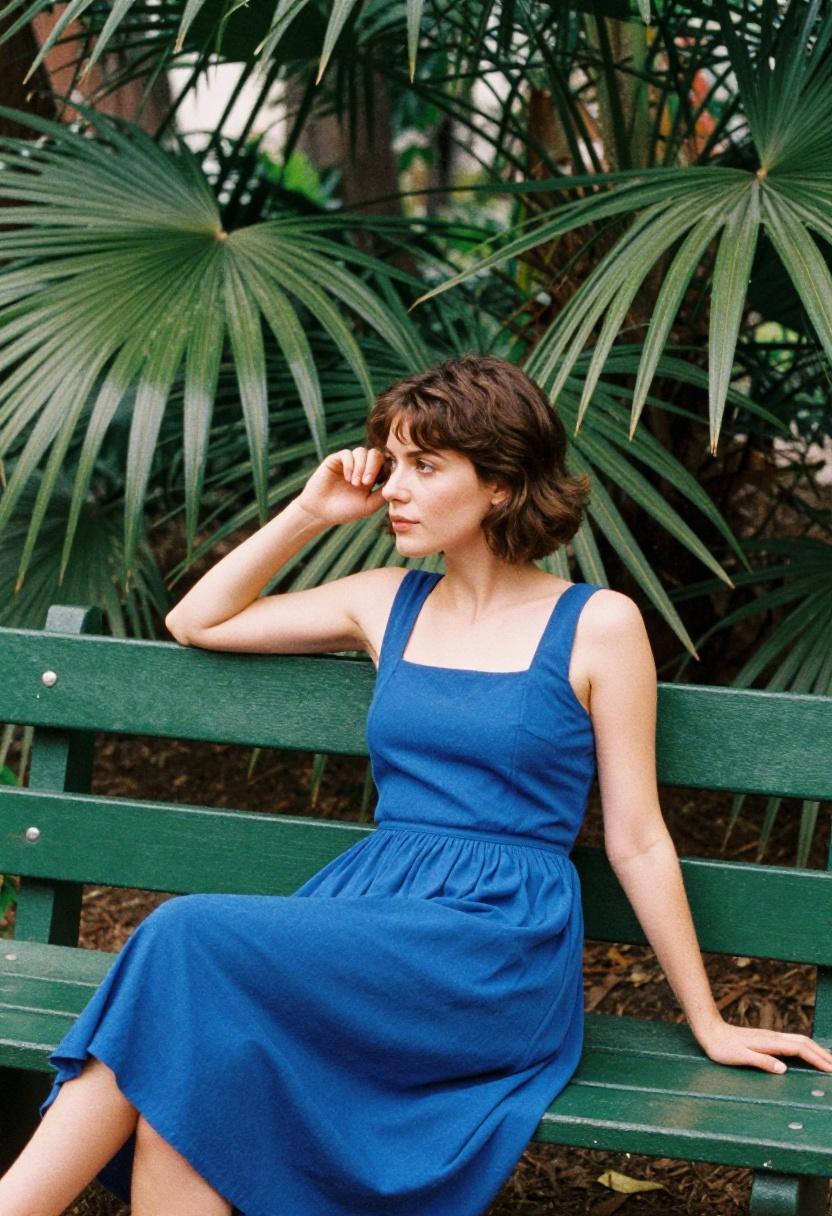 Cobalt blue sundress worn on a botanical garden bench in a relaxed bohemian style