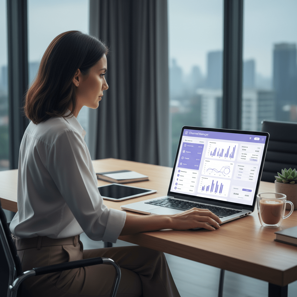 A hotel revenue manager reviewing channel manager dashboards, OTA listings, and analytics in a modern workspace