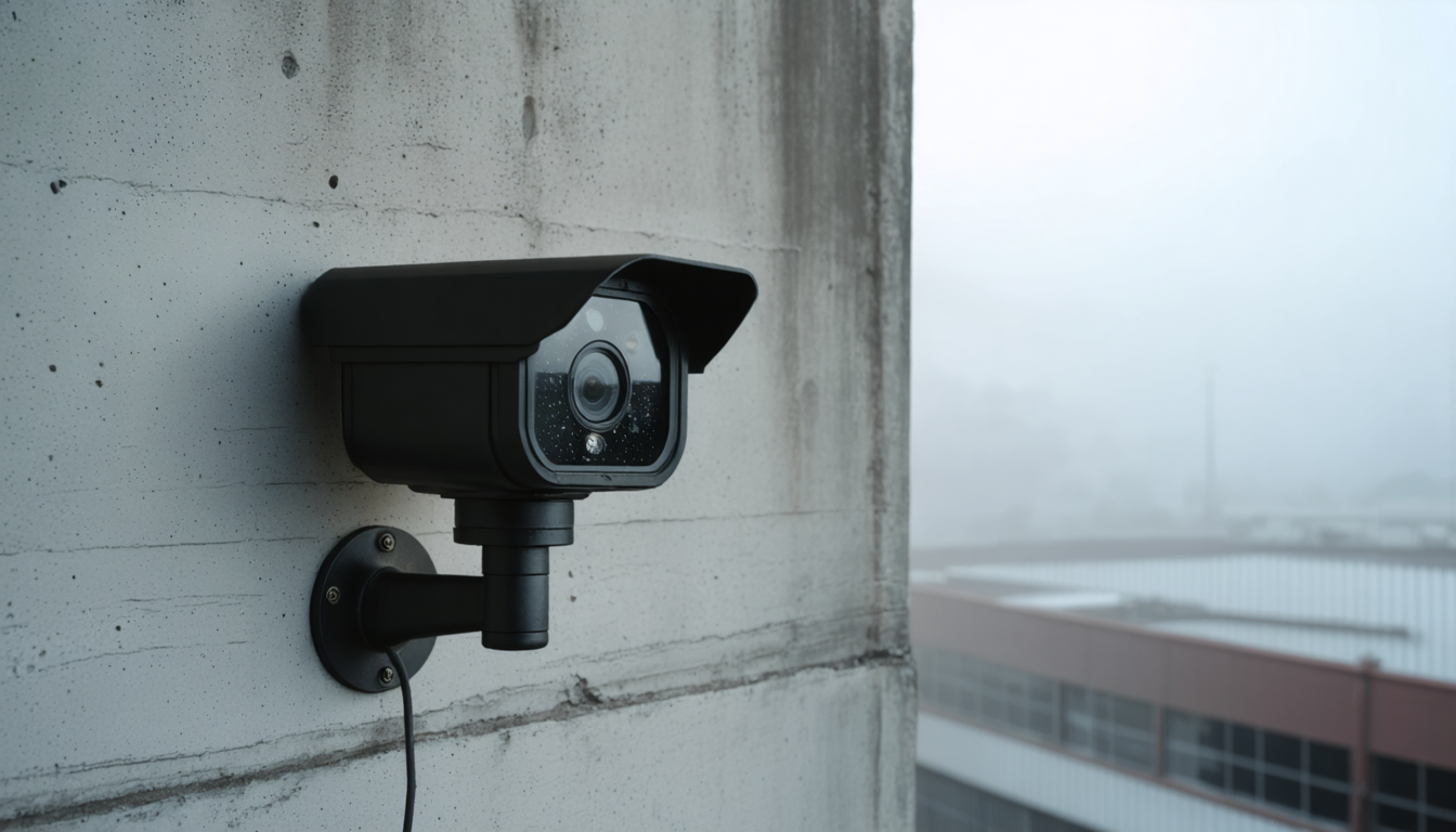 A single surveillance camera mounted on a concrete wall with fog partially obscuring its lens, creating a soft blind spot in the center of view.