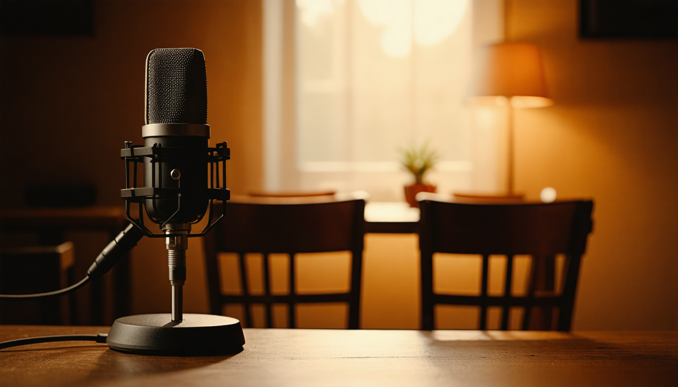 A microphone in a dim podcast studio, warm lamplight, two empty chairs facing each other across a small table.