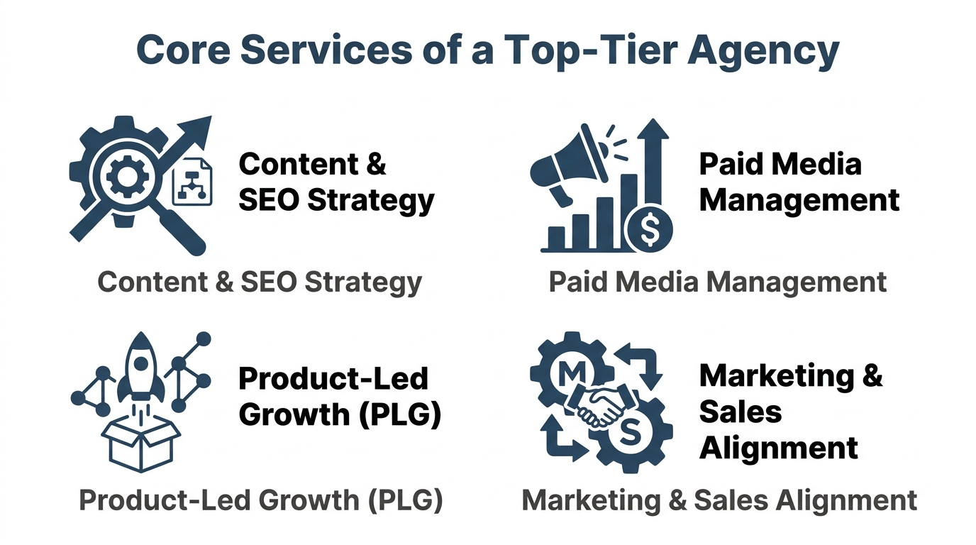 Four-quadrant overview of content services: Content and SEO (blog production, keyword targeting, technical optimization), Paid Media (ad creative, video scripts, landing page copy), Product-Led Growth (in-app messaging, onboarding content), and Marketing and Sales Alignment (case studies, battle cards, email sequences).
