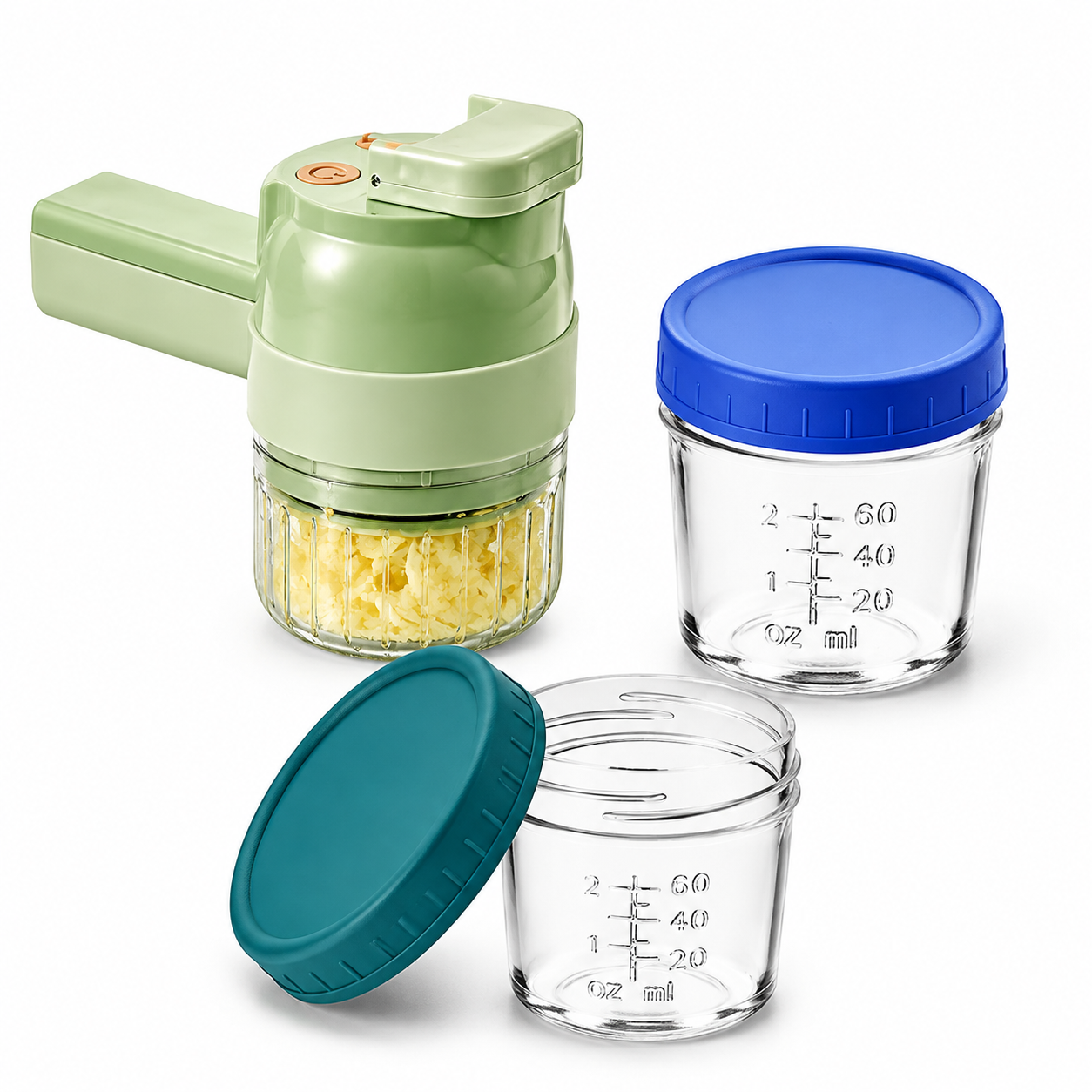 Seasoning Preparation and Storage Set-Green Electric Handheld Food Processor With Dark Blue lid and Dark Green lid 4oz Glass Storage Jars - USB-C Charging - Multi-Function Chopper, Slicer and Cleaning Brush Set for Garlic Vegetables