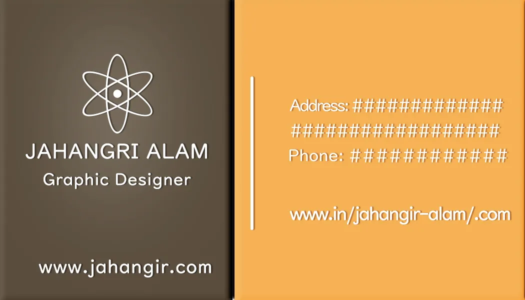 Jahangir A modern graphic designer business card template with a split brown and yellow background displaying contact placeholders.