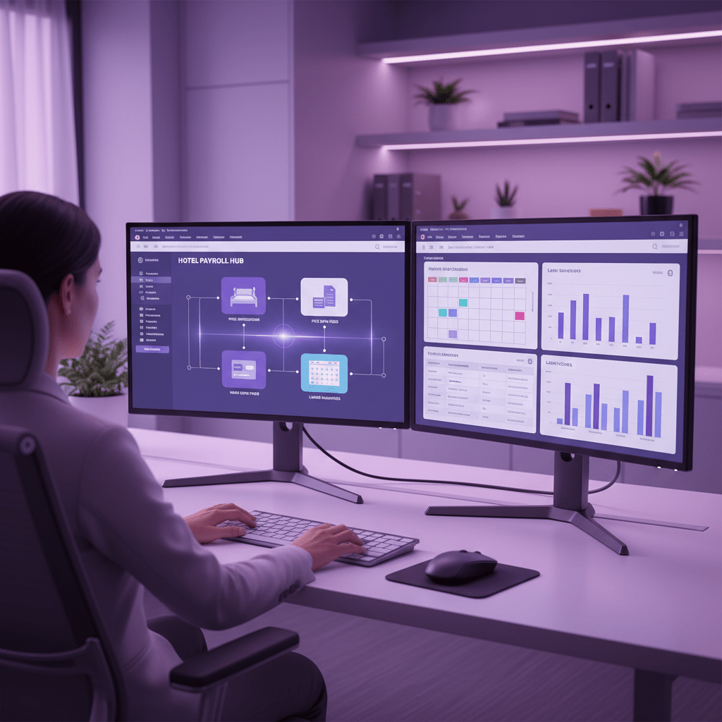 Hotel back office workflow with payroll software connected to PMS, POS, scheduling, and labor reports