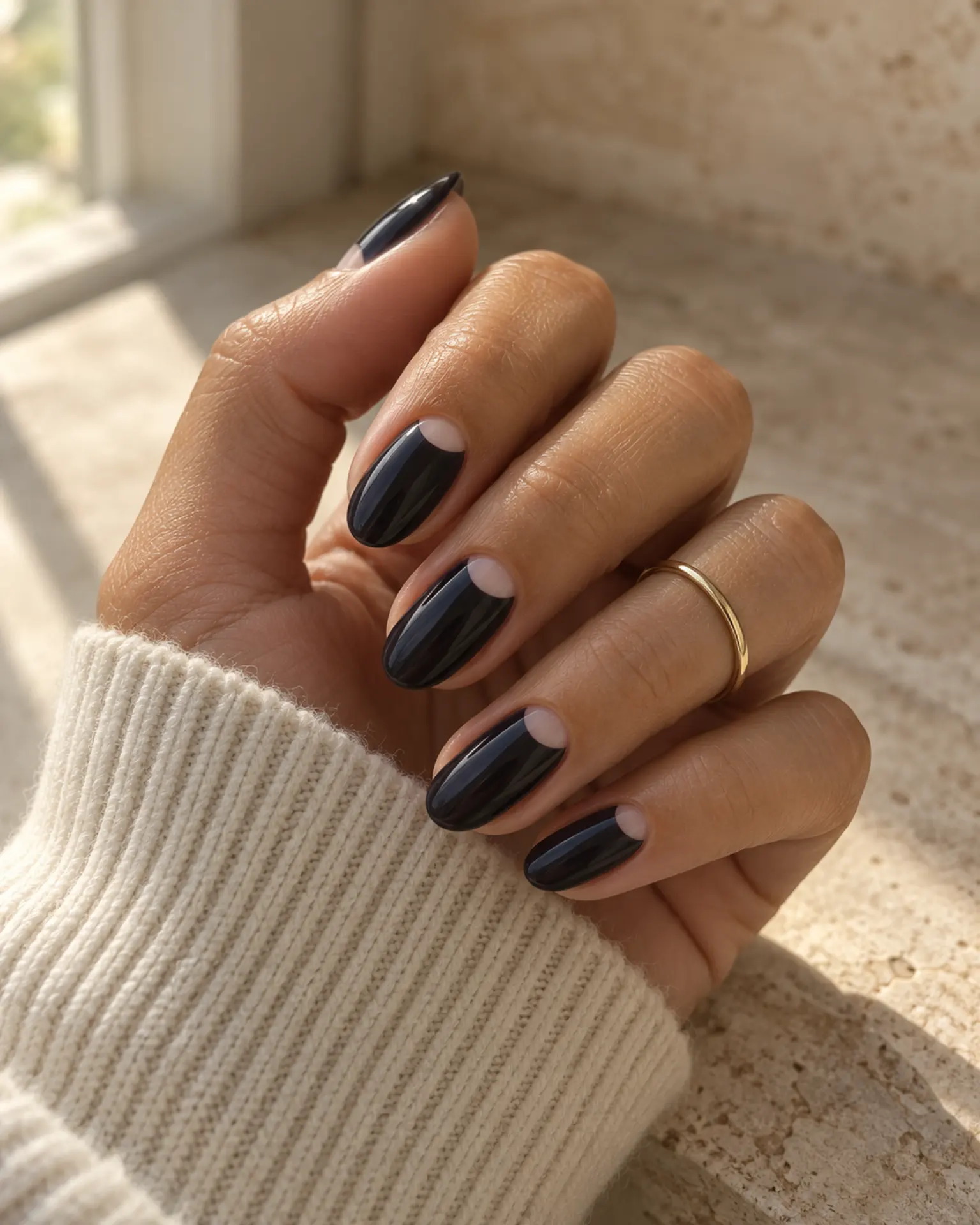 Black Half-Moon Detail manicure inspiration for black nail ideas