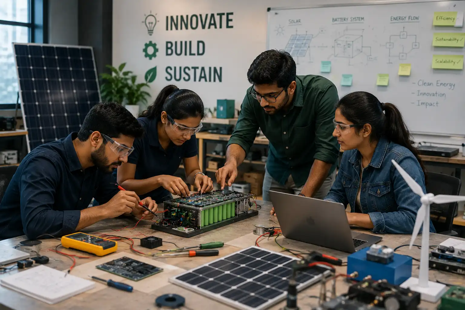 Engineers testing a renewable energy prototype in a startup lab