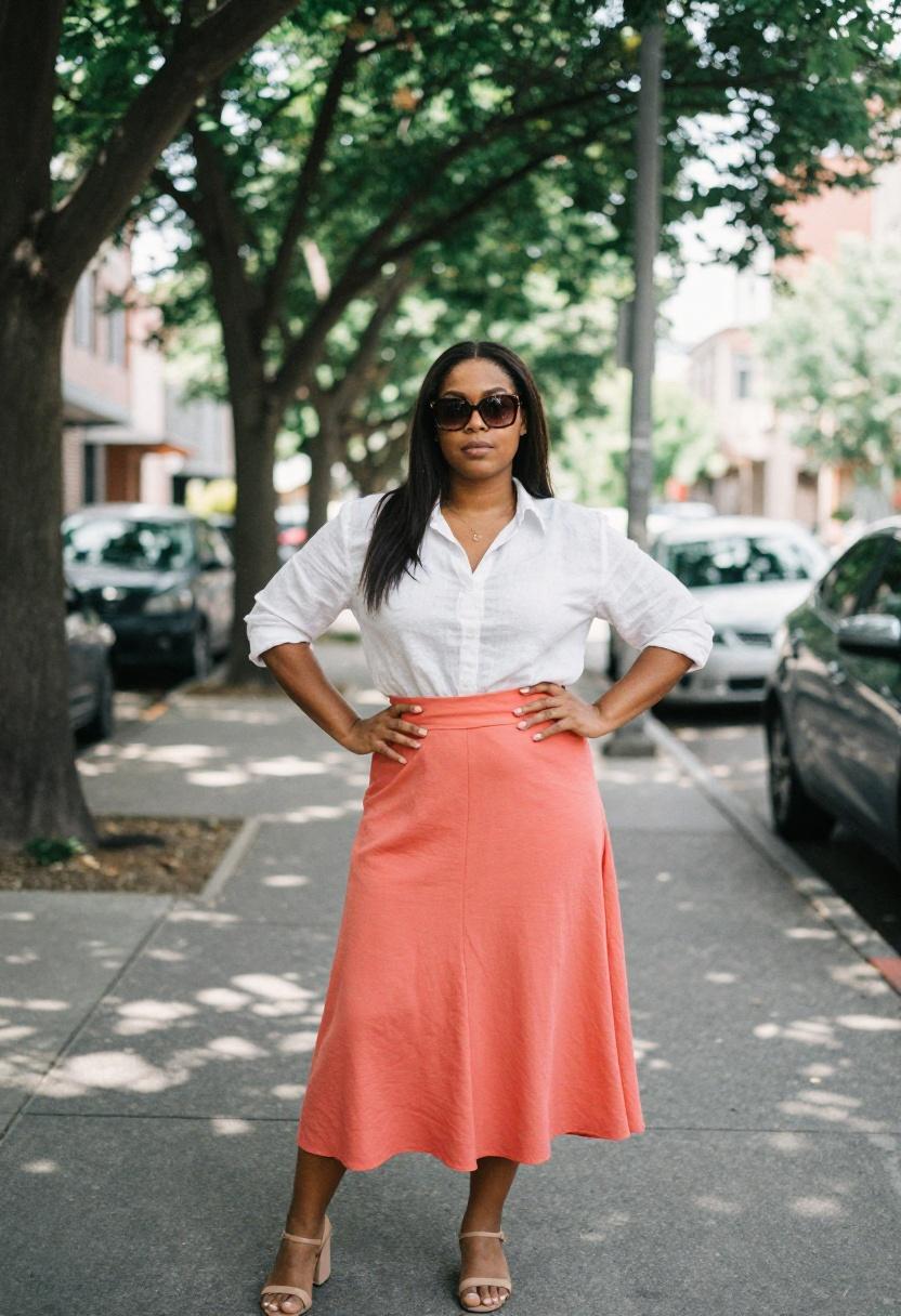 Coral midi skirt with crisp white linen top for spring street style
