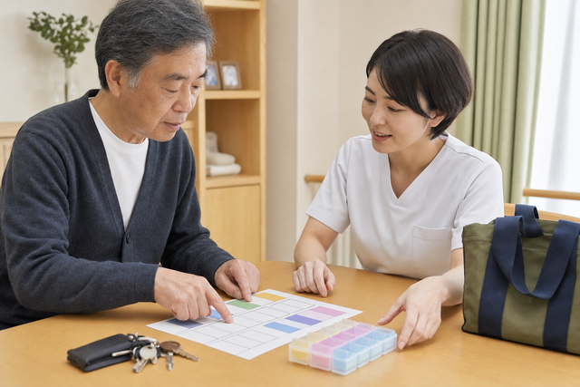 服薬や鍵など生活場面の困りごとを作業療法士と整理する高齢者