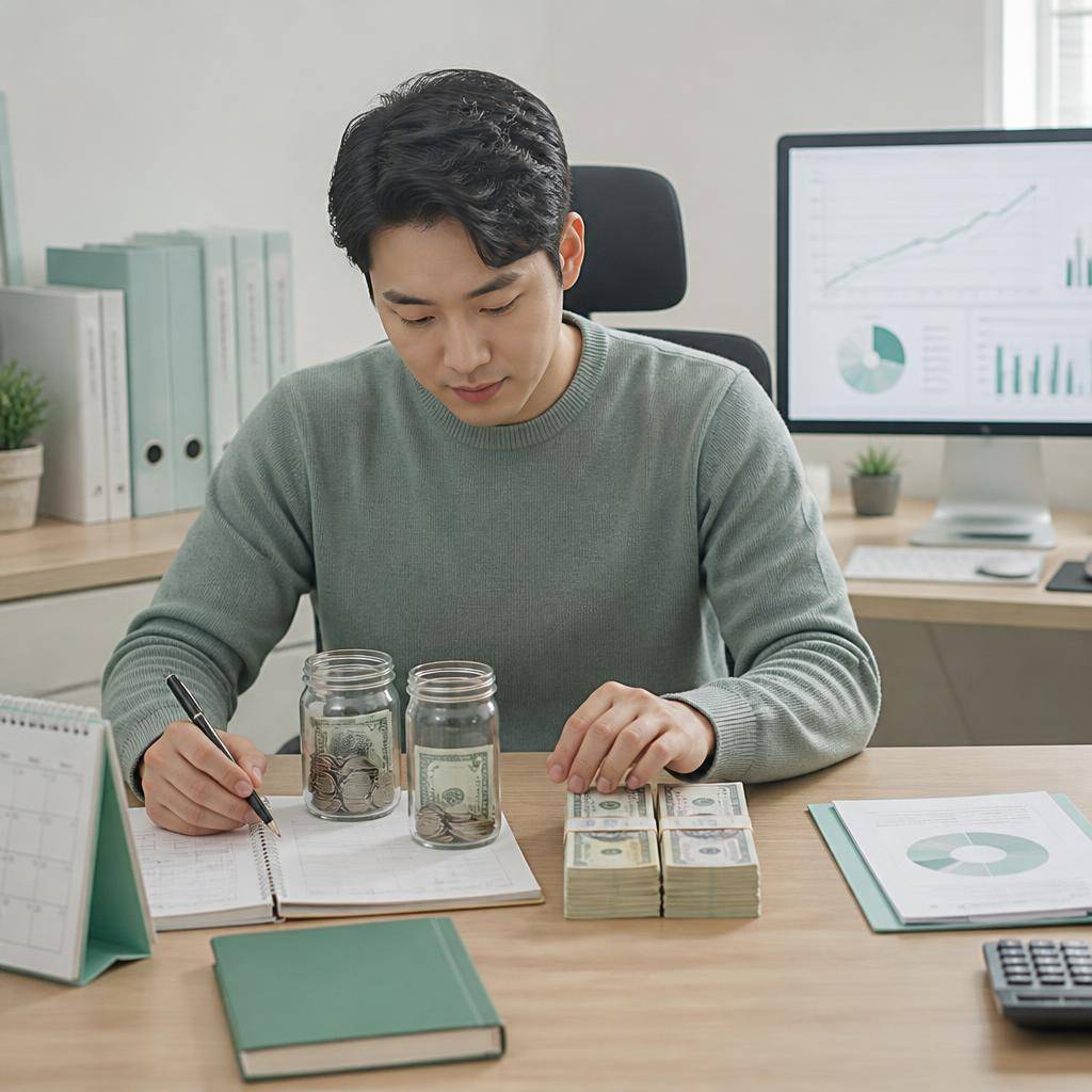 30대 직장인이 책상에서 결혼자금과 창업자금을 목적별로 나누어 기록하는 장면. 한쪽에는 안