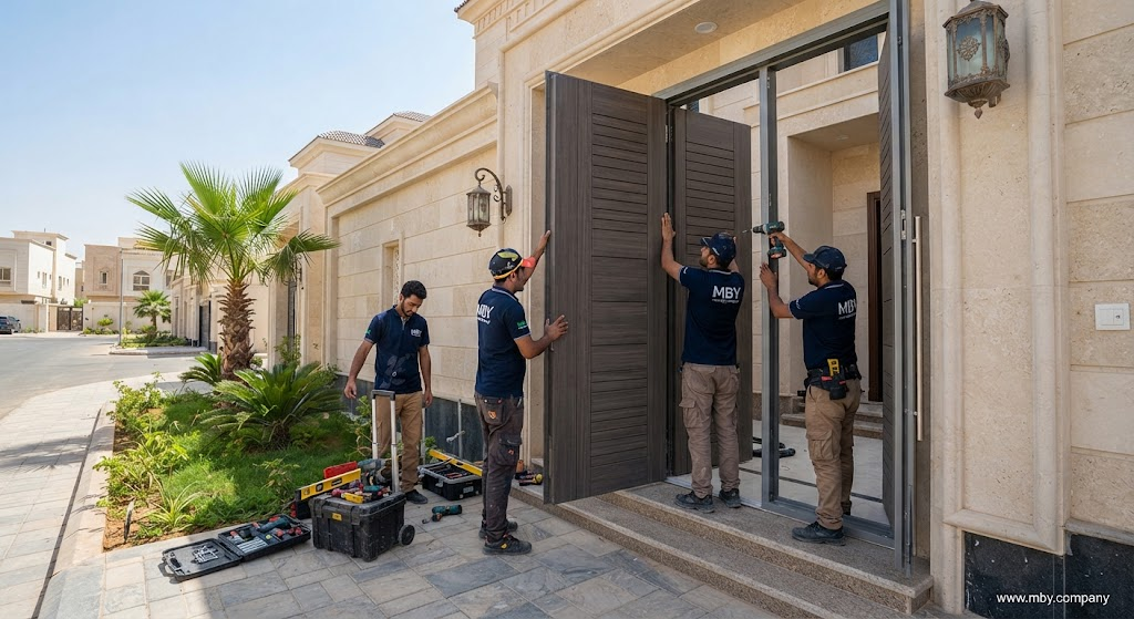فريق MBY أثناء تركيب باب خارجي حديث من خامة WPC لمنزل في السعودية
