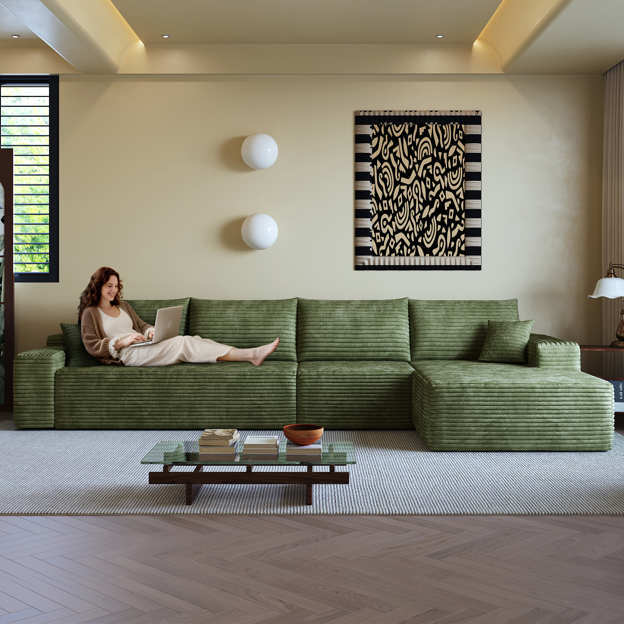 Canapé d'angle modulable vert dans le salon